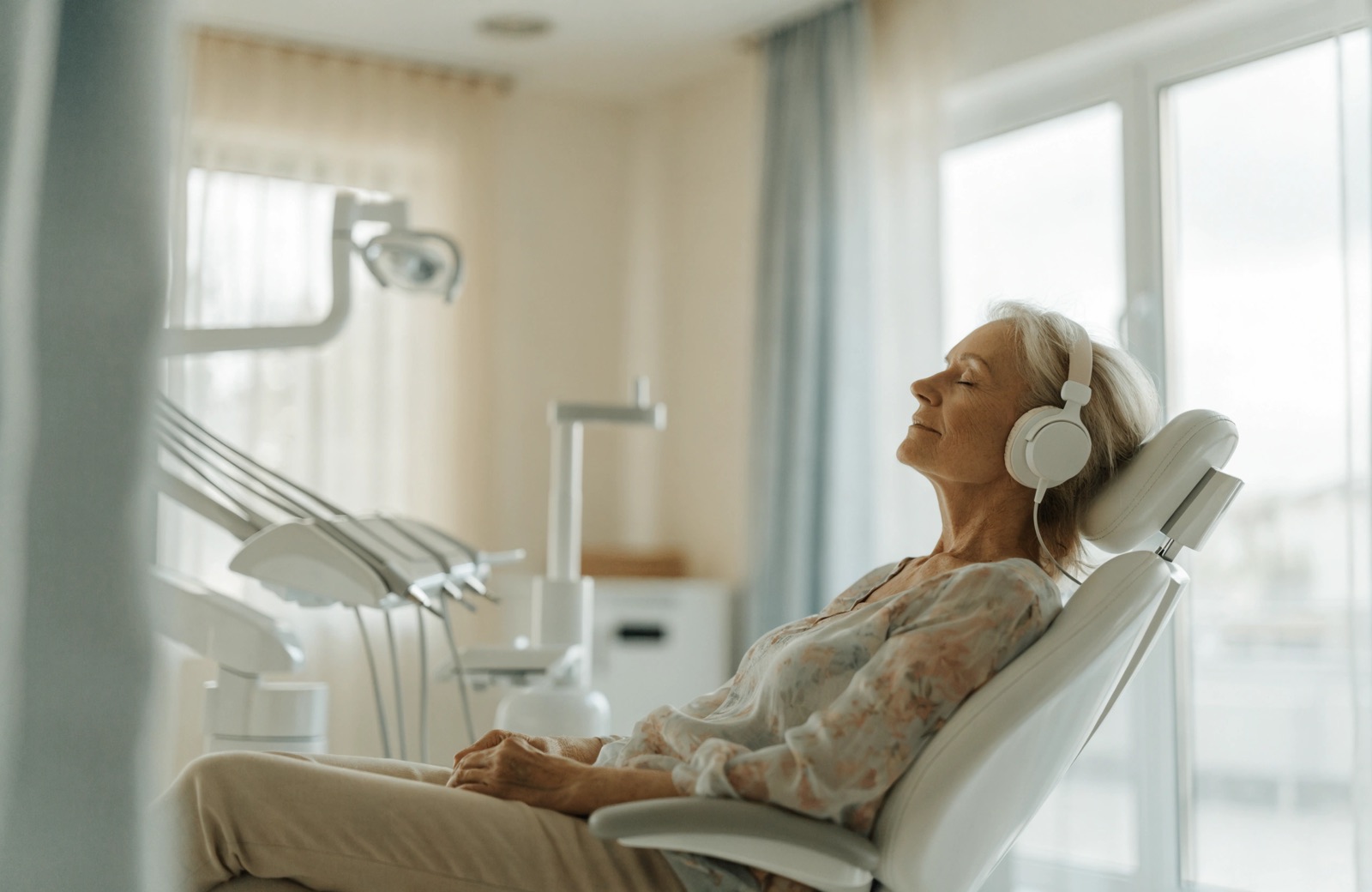 A relaxed patient with headphones resting in the dental chair