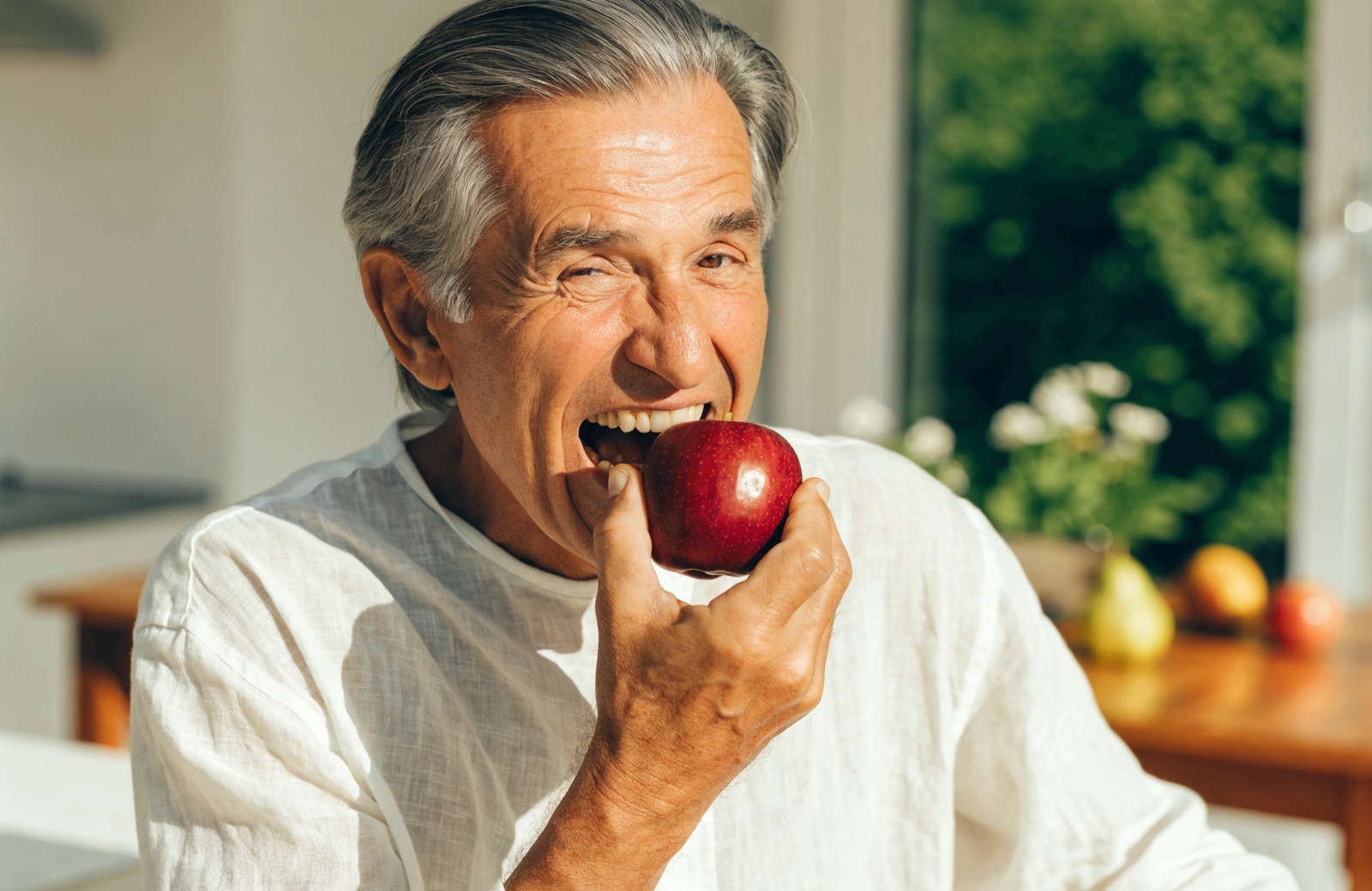 Man confidently biting into an apple