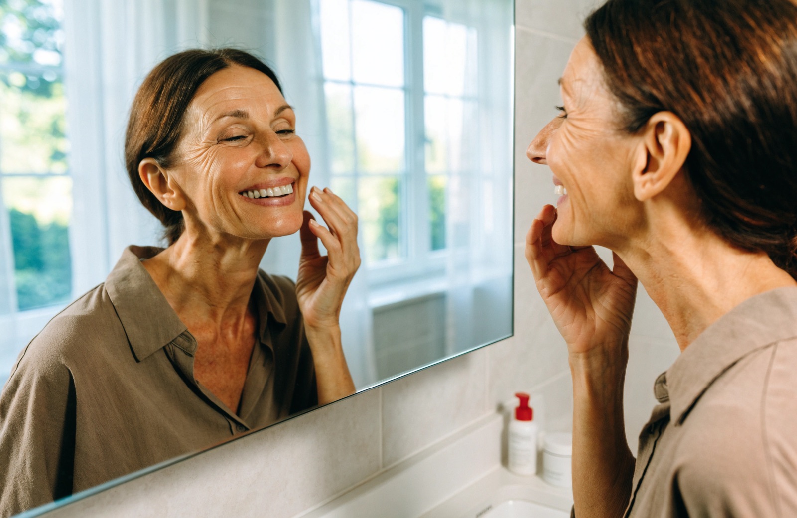 Woman admiring her healthy smile in the mirror